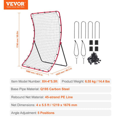 VEVOR Baseball and Softball Rebounder Net, 4 X 5.5 Ft Pitchback Baseball Pitching Nest, Pitch Return Trainer Rebound Net with Pitching Target, All Angle Fielding Rebound Net for Grounders Pop Flies